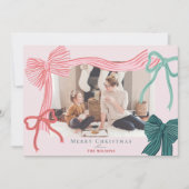 Coquette-Core Rode Groene Bogen Roze Kerstfoto Feestdagenkaart (Voorkant)