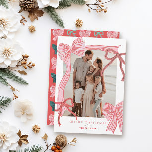 Coquette-Core Rode & Roze Bogen Foto Kerstmis Feestdagenkaart