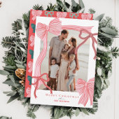 Coquette-Core Rode & Roze Bogen Foto Kerstmis Feestdagenkaart