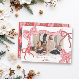 Coquette-Core Rode & Roze Bogen Foto Kerstmis Feestdagenkaart