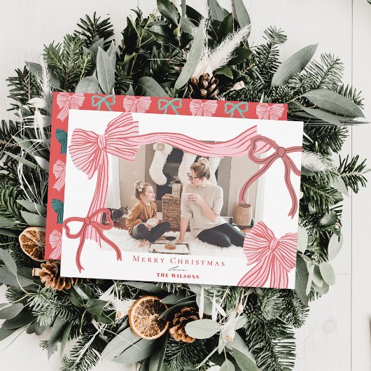 Coquette-Core Rode & Roze Bogen Foto Kerstmis Feestdagenkaart