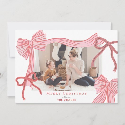 Coquette-Core Rode & Roze Bogen Foto Kerstmis Feestdagenkaart (Voorkant)