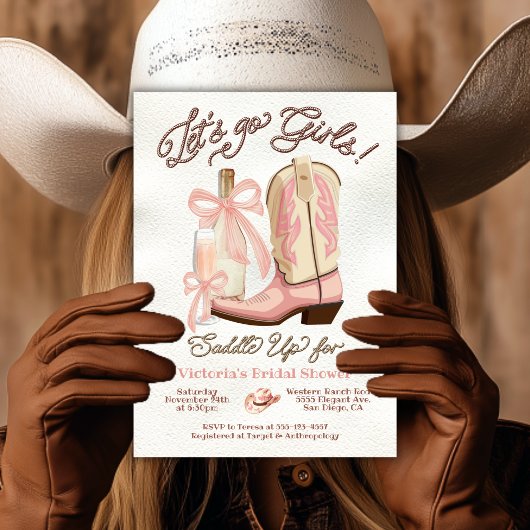 Coquette Cowgirl Pink Bow Boots & Bubbly Kaart