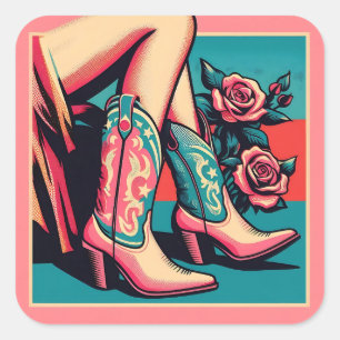 Coquette Cowgirl Roze en Blauwe Laarzen Rozen Pop Vierkante Sticker