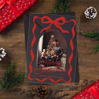 Coquette Curvy Ribbon & Bow Retro Christmas Photo Acryl Uitnodigingen