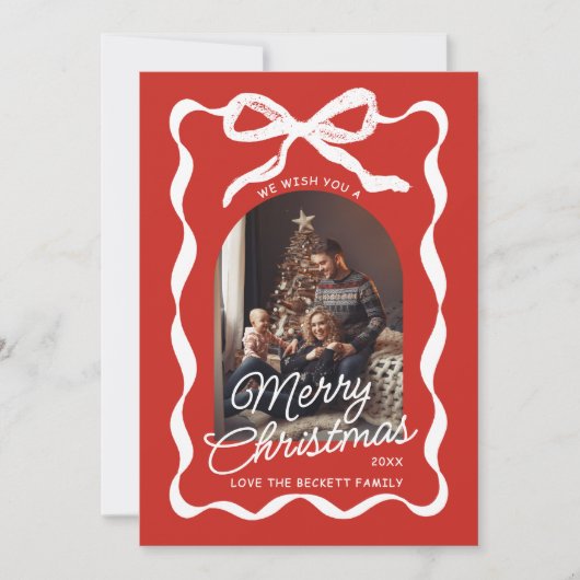 Coquette Curvy Ribbon & Bow Retro Christmas Photo Feestdagenkaart (Voorkant)