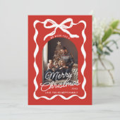 Coquette Curvy Ribbon & Bow Retro Christmas Photo Feestdagenkaart (Staand voorkant)