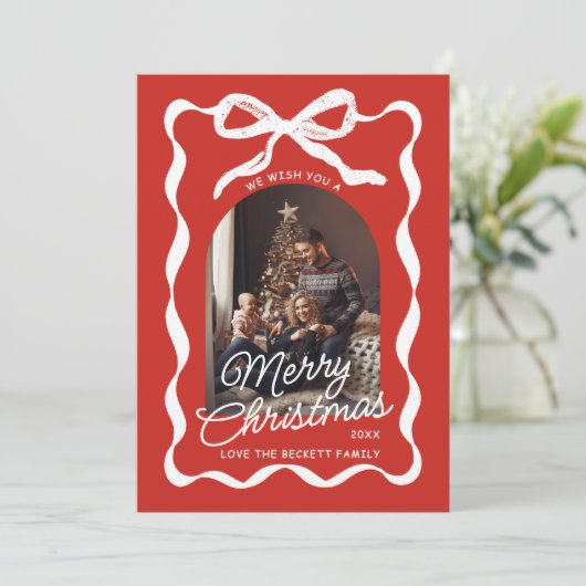 Coquette Curvy Ribbon & Bow Retro Christmas Photo Feestdagenkaart (Staand voorkant)