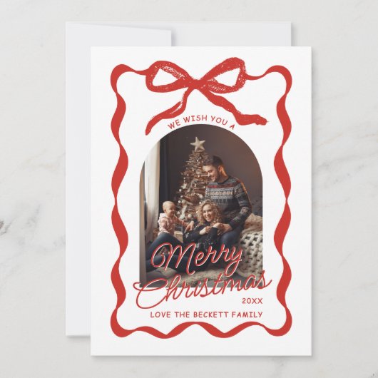 Coquette Curvy Ribbon & Bow Retro Christmas Photo Feestdagenkaart (Voorkant)