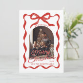 Coquette Curvy Ribbon & Bow Retro Christmas Photo Feestdagenkaart (Staand voorkant)