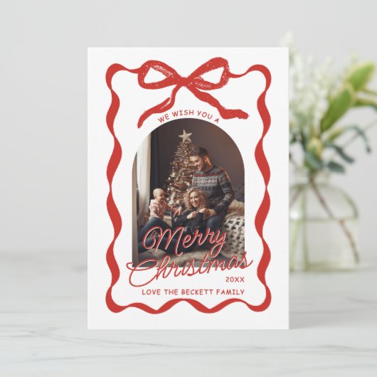 Coquette Curvy Ribbon & Bow Retro Christmas Photo Feestdagenkaart (Staand voorkant)