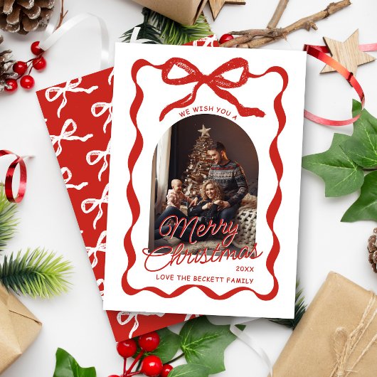 Coquette Curvy Ribbon & Bow Retro Christmas Photo Feestdagenkaart