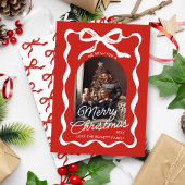 Coquette Curvy Ribbon & Bow Retro Christmas Photo Feestdagenkaart