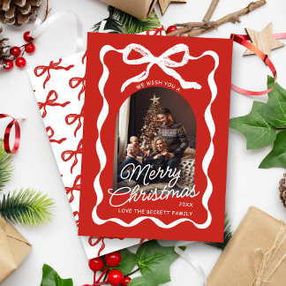 Coquette Curvy Ribbon & Bow Retro Christmas Photo Feestdagenkaart