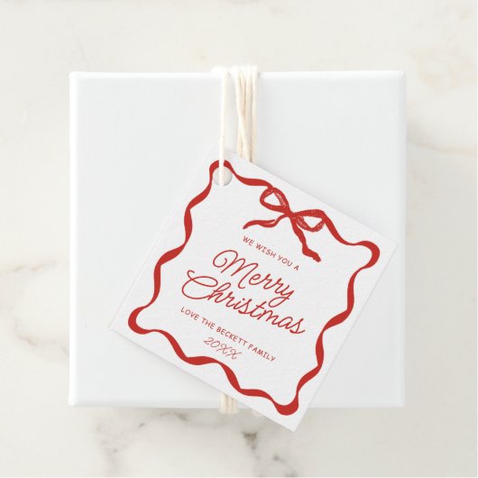Coquette Curvy Ribbon & Bow Retro Merry Christmas Bedankjes Labels (In situ)