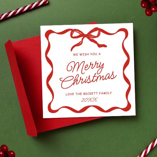 Coquette Curvy Ribbon & Bow Retro Merry Christmas Feestdagenkaart