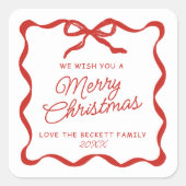 Coquette Curvy Ribbon & Bow Retro Merry Christmas Vierkante Sticker (Voorkant)