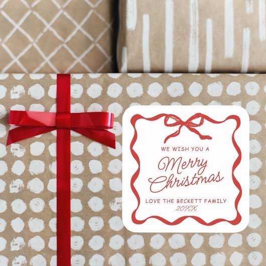 Coquette Curvy Ribbon & Bow Retro Merry Christmas Vierkante Sticker