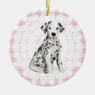 Coquette Dalmation Dog Pink Gingham Bows Keramisch Ornament
