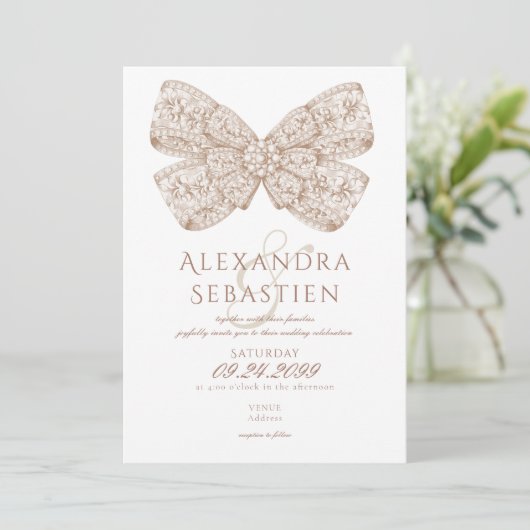 Coquette  Diamonds Bow Mocha Mousse Wedding Kaart (Staand voorkant)