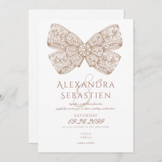 Coquette  Diamonds Bow Mocha Mousse Wedding Kaart (Voorkant / Achterkant)