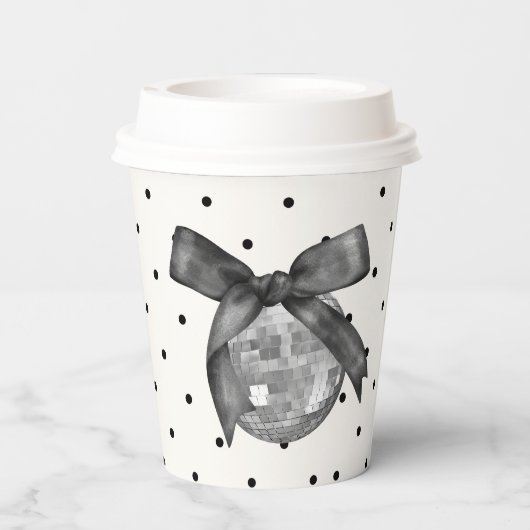 Coquette Disco Ball & Black Bow Chic Modern Wit Papieren Bekers (Achterkant)
