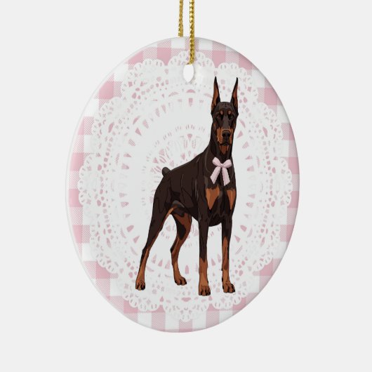 Coquette Doberman Pinscher Pink Gingham Bows Keramisch Ornament (Rechts)