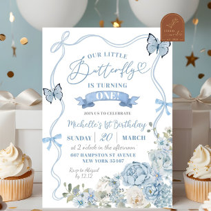 Coquette Dusty Blue Floral Butterfly Verjaardag Kaart