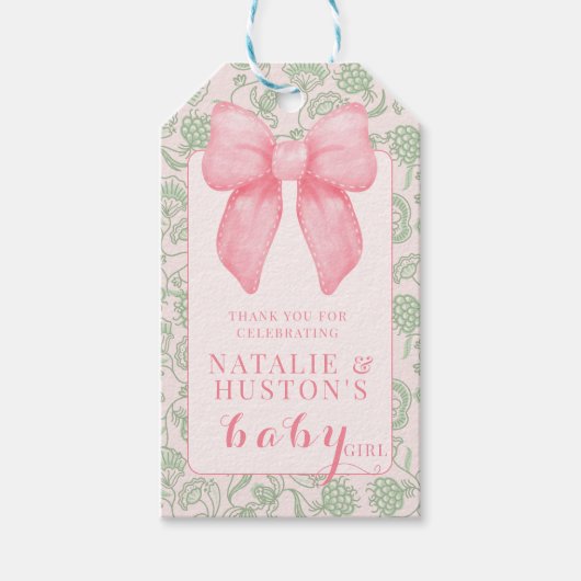 Coquette Esthetische Roze Boog Sage Groene Baby Me Cadeaulabel (Voorkant)