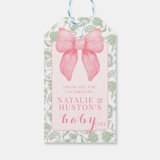 Coquette Esthetische Roze Boog Sage Groene Baby Me Cadeaulabel (Achterkant)