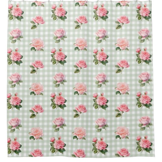 Coquette Esthetische Sage Gingham & Roze Rozen Douchegordijn (Voorkant)