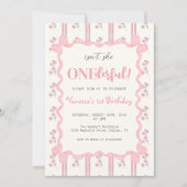 Coquette Floral Pink Bow Girl First Birthday Kaart (Voorkant)