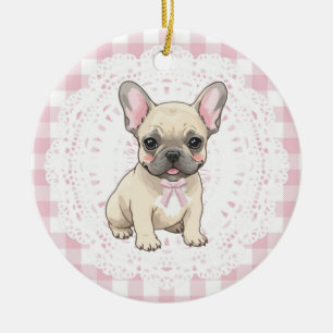 Coquette Franse Bulldog Hond Kunst Roze Gingham St Keramisch Ornament