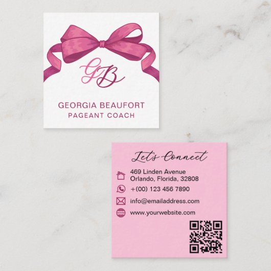 Coquette Fuchsia Bow Monogram Beauty QR Code Vierkante Visitekaartje (Voorkant / Achterkant)