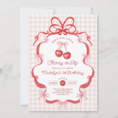 Coquette Gingham Cherry First 1st Birthday Party Kaart (Voorkant)