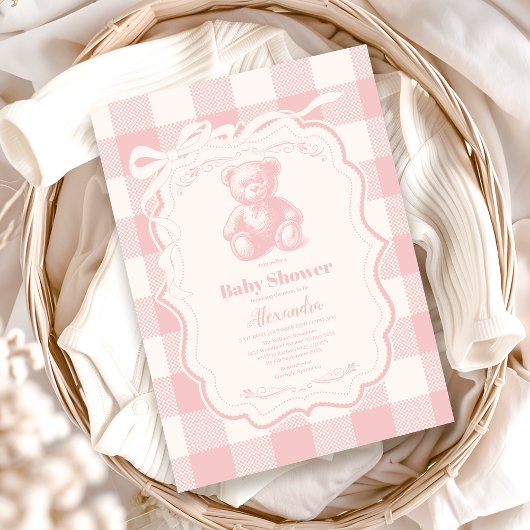 Coquette Gingham French Teddy Bear Baby shower Kaart
