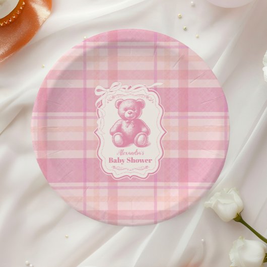 Coquette Gingham French Teddy Bear Baby shower Papieren Bordje
