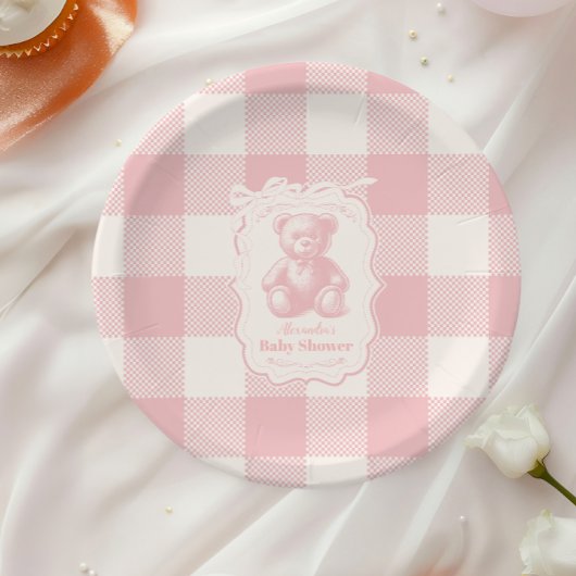 Coquette Gingham French Teddy Bear Baby shower Papieren Bordje