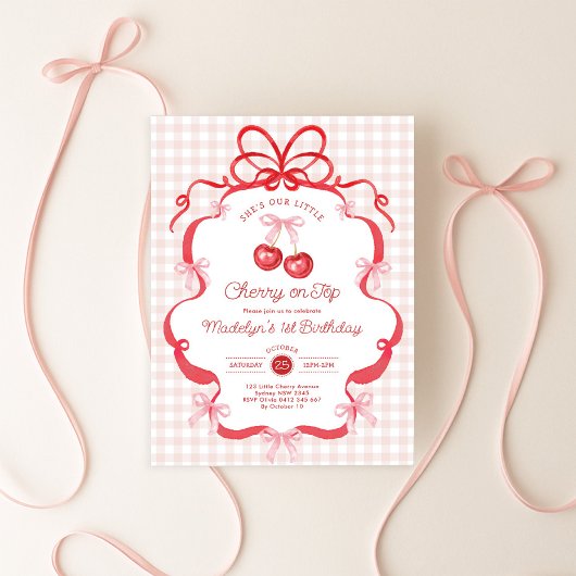 Coquette Gingham Kers Eerste 1e Verjaardagsfeestje Kaart
