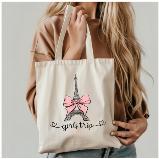 Coquette Girl Trip Eiffeltoren & Roze strik Custom Tote Bag