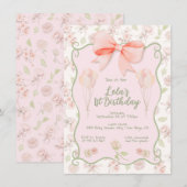 Coquette Girly Pink Bow Toile Verjaardagsfeestje Kaart (Voorkant / Achterkant)