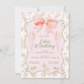 Coquette Girly Pink Bow Toile Verjaardagsfeestje Kaart (Voorkant)