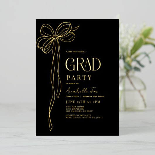 Coquette  Gold Bow Ribbon Afstudeerfeest Folie Uitnodiging (Staand Voorkant)