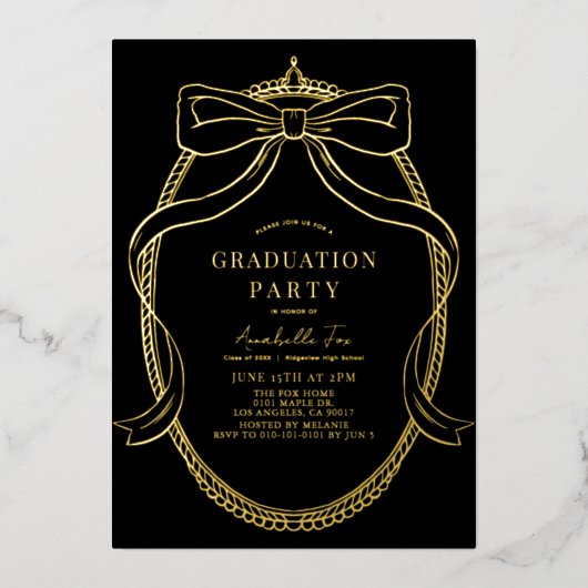 Coquette Gold Bow Ribbon Black Graduation Party Folie Uitnodiging (Voorkant)