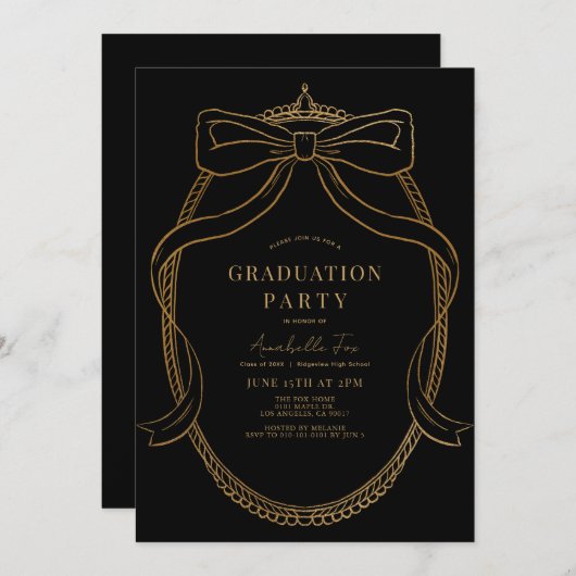 Coquette Gold Bow Ribbon Black Graduation Party Kaart (Voorkant / Achterkant)