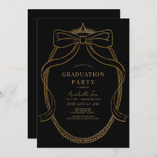 Coquette Gold Bow Ribbon Black Graduation Party Kaart