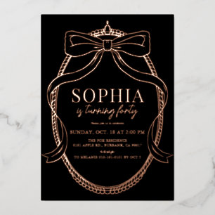 Coquette Gold Bow Ribbon Zwart Volwassen Verjaarda Folie Uitnodiging