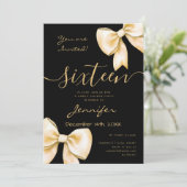 Coquette Gold Bow Sweet 16 Birthday Black Kaart (Staand voorkant)