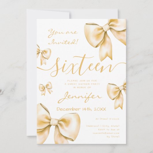 Coquette Gold Bow Sweet 16 Party Kaart (Voorkant)