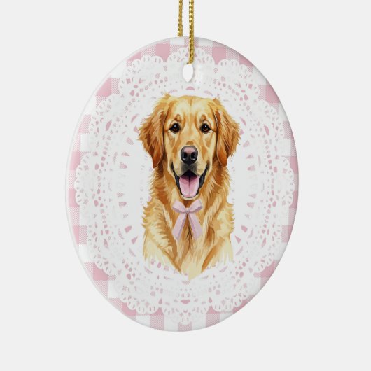 Coquette Golden Retriever Dog Pink Gingham Bows Keramisch Ornament (Rechts)